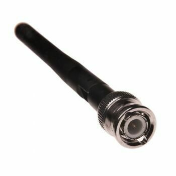 Sennheiser short black stubby antenna with metal BNC connector on a white background 