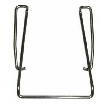 U shaped folded steel wire belt clip with shaped ends for spring fit attachment to a Sennheiser bodypack on white background 