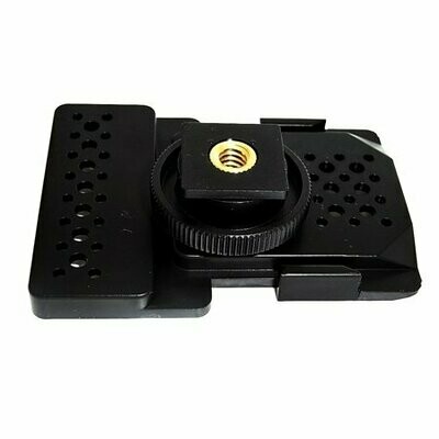 CA 2 Camera Receiver Shoe Adapter Mount Black plate with holes and two side push buttons for release of a receiver and a threaded locking washer on a hot shoe plate