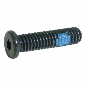 Sennheiser black screw with star slotted head and blue paint spot on threaded shaft on a white background 