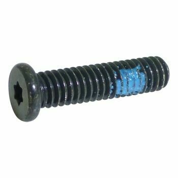 Screw for SKM G3 and G4 Antenna cover M2.5 x 10mm T5 Sennheiser black screw with star slotted head and blue paint spot on threaded shaft on a white background