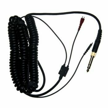 Coiled black cable with gold stereo jack adapter to a molded black splitter of two cables red and black and 2 pin terminals