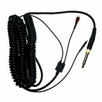 Coiled black cable with gold stereo jack adapter to a molded black splitter of two cables red and black and 2 pin terminals
