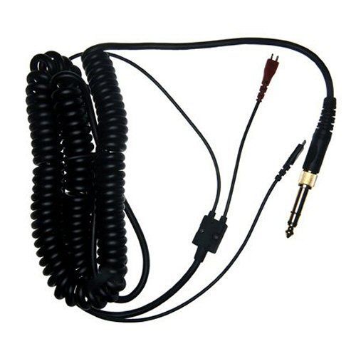 Coiled black cable with gold stereo jack adapter to a molded black splitter of two cables red and b…
