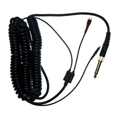 Coiled black cable with gold stereo jack adapter to a molded black splitter of two cables red and b…