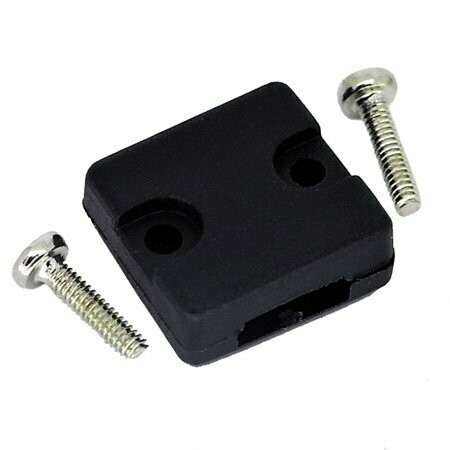 Black molded plastic clamp for Sennheiser HD25 headphone lead with two holes and two metal screws on a white background
