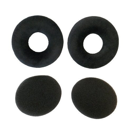 Sennheiser pair of black round ear cushions and foam infills for HD25 headphones on a white background