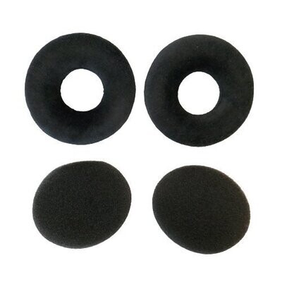 Sennheiser pair of black round ear cushions and foam infills for HD25 headphones on a white background