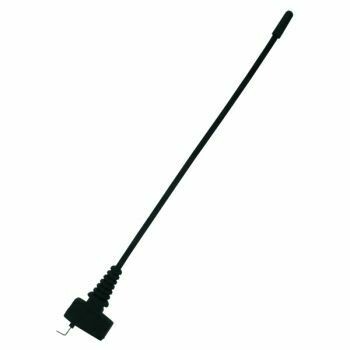 Black plastic coated antenna with metal connection on molded block from which extends a whip with cap on a white background 