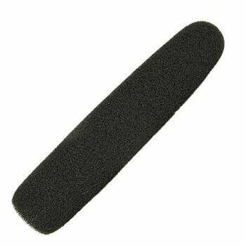 Elongated cigar shaped black mic foam for Sennheiser MKE400 microphone on a white background  