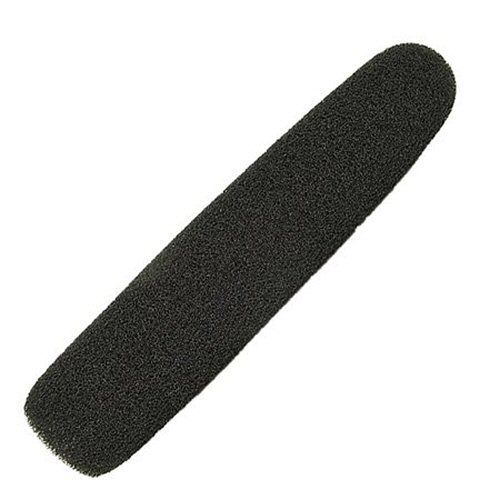 Elongated cigar shaped black mic foam for Sennheiser MKE400 microphone on a white background