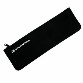 Soft black nylon material bag with white printed Sennheiser name and logo showing top zip pull on white background