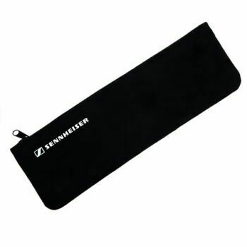 Soft black nylon material bag with white printed Sennheiser name and logo showing top zip pull on white background