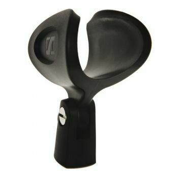 Sennheiser black molded mic clamp showing curved clamp section on a mic stand bracket with Stylised S logo  