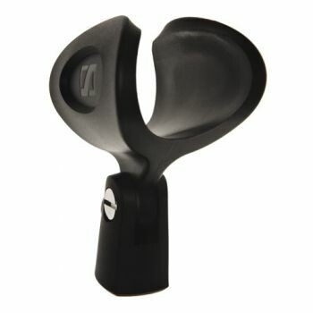 Sennheiser black molded mic clamp showing curved clamp section on a mic stand bracket with Stylised S logo  