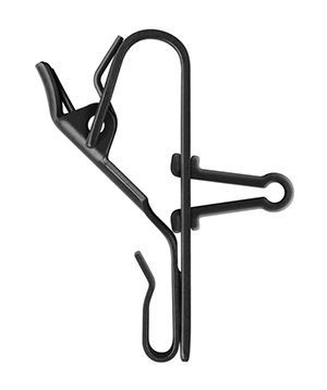 Black folded sprung metal garment clip with finger plate, a curved back cable tidy and a keyhole shape fitting for a tie mic