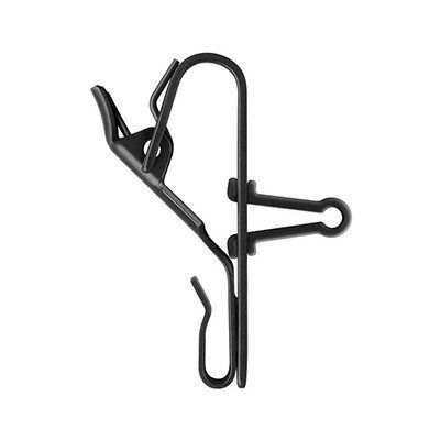 Black folded sprung metal garment clip with finger plate, a curved back cable tidy and a keyhole shape fitting for a tie mic