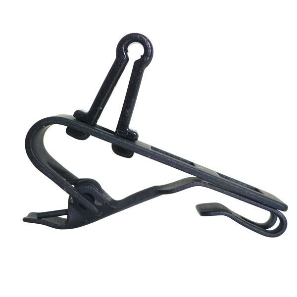 Black Sennheiser sprung clamp with keyhole shaped section for a bodyworn lavalier mic and a curved cable open strain relief
