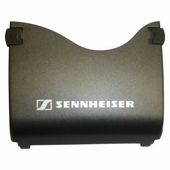 Sennheiser black molded battery compartment curved flap cover with side lock bars for a wireless SKP2000 bodypack on white