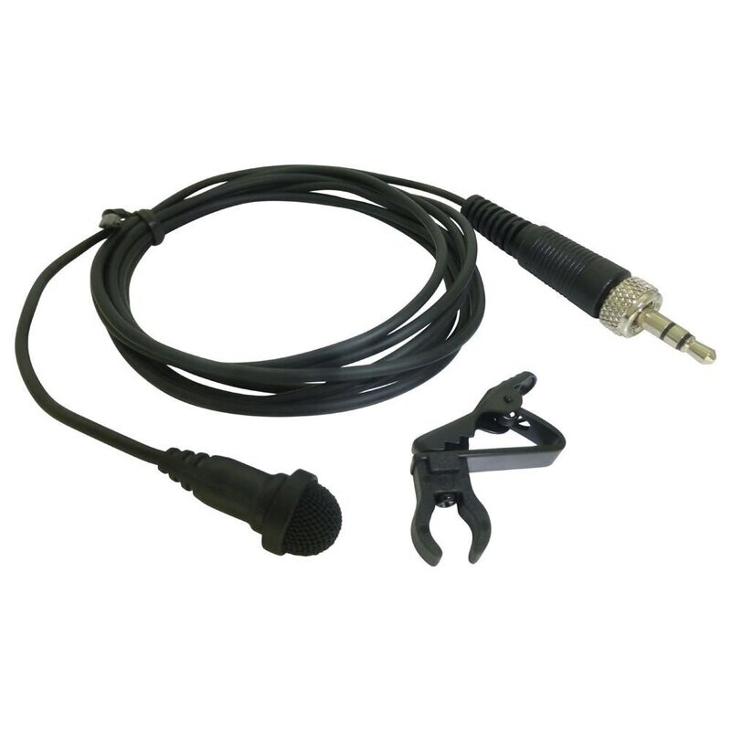 Sennheiser ME2 black lavalier mic with black cable terminated in a silvery metal threaded jack next to a black mic clip  