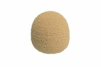 Small beige domed shape foam mic wind screen for Sennheiser MKE microphones on a white background