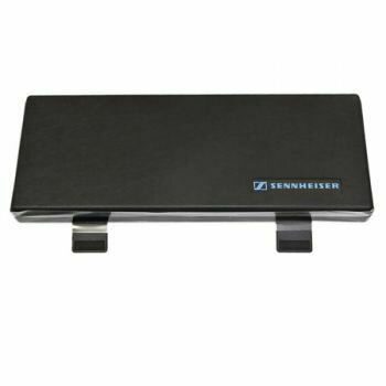 Black hard plastic case with open plastic catches with Sennheiser logo on a white background for MD431 microphone