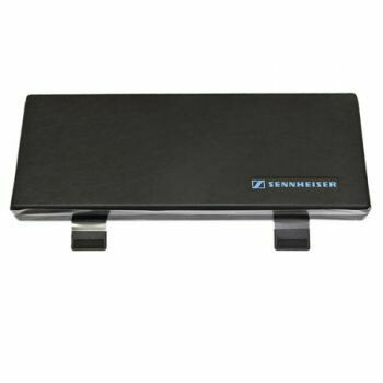 Black hard plastic case with open plastic catches with Sennheiser logo on a white background for MD431 microphone