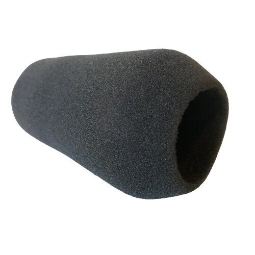 Black conical tapered foam windshield for Sennheiser MD441 microphone shwoing circular entrance at one end for microphone