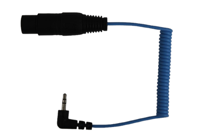 KA 600 short coiled mic connection cable Short blue curly coil cable with a black XLR female connector at one end and a three pole mini jack at the other end