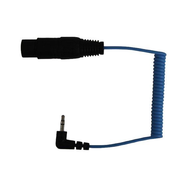 Short blue curly coil cable with a black XLR female connector at one end and a three pole mini jack…