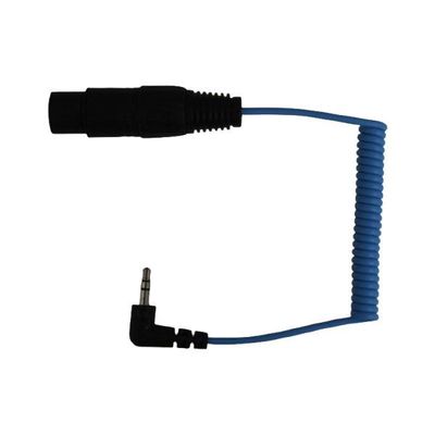 MKE 600 short coiled adapter cable mini jack to XLR (KA 600) Short blue curly coil cable with a black XLR female connector at one end and a three pole mini jack…