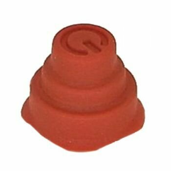 Stepped Red molded switch cover with pressed indent symbol of on off function on a white background