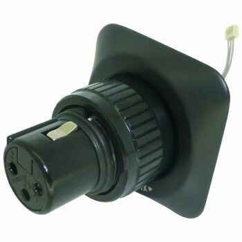 Black metal flange plate with round knurled locking ring on a threaded shaft and xlr3f connector protruding and rear DIL plug