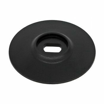 Black disc shaped washer with lozenge shaped slotted centre hole for Sennheiser HD25 headphones on a white background