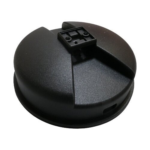 Black domed shaped molded plastic ear-shell for Sennheiser HD25 headphones with sections for a headband to traverse through