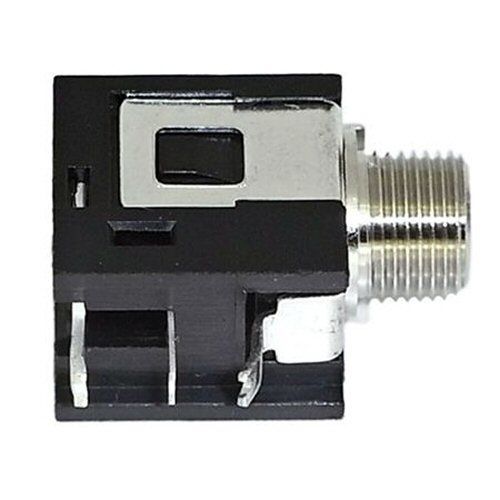 Small threaded metal audio jack socket in a black plastic  box shaped housing for PCB mounting show…