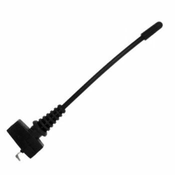 Black plastic coated antenna with metal connection on molded block from which extends a whip with cap on a white background