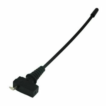 Black plastic coated antenna with metal connection on molded block from which extends a whip with cap on a white background 