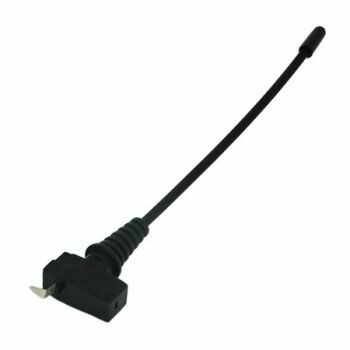 Black plastic coated antenna with metal connection on molded block from which extends a whip with cap on a white background 
