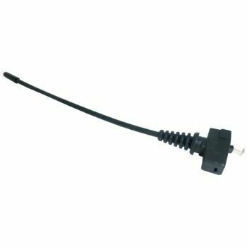 Black plastic coated antenna with metal connection on molded block from which extends the whip with cap on a white background
