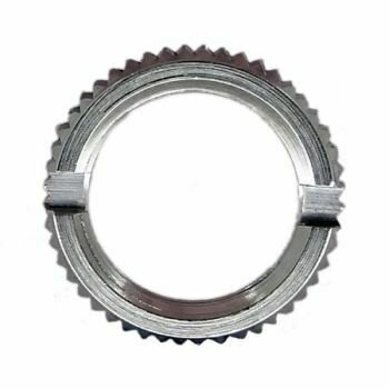 Silver coloured metal ring not with knurled outer edge and two slots for tightening with a tool on a white background 