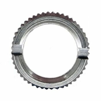 Silver coloured metal ring not with knurled outer edge and two slots for tightening with a tool on a white background 