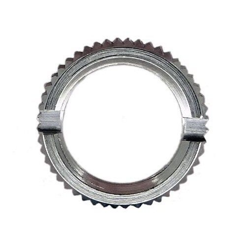 Silver coloured metal ring not with knurled outer edge and two slots for tightening with a tool on a white background
