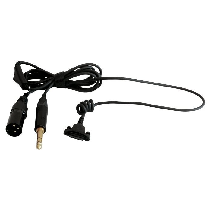 Sennheiser straight cable headset downlead with XLR3M and large jack to a proprietary connector for HD26 on white background