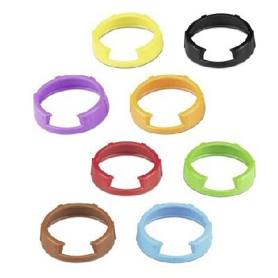 Eight plastic molded rings for microphone identification Brown, red, orange, green, blue, yellow, violet, black on white back