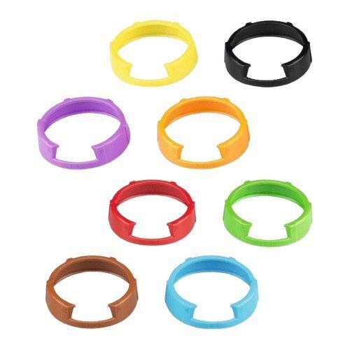 Eight plastic molded rings for microphone identification Brown, red, orange, green, blue, yellow, violet, black on white back