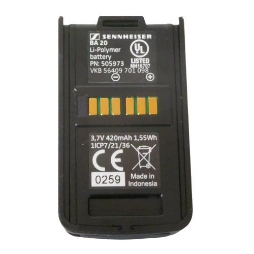BA 20 Rechargeable battery Sennheiser BA 20 black Battery Pack part number 505973 showing six contacts and printed battery spe…