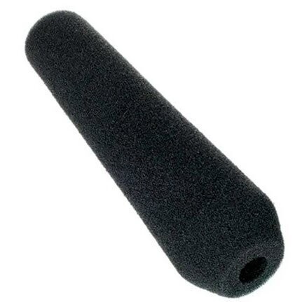 Black tapered cyclindrical shaped foam piece with hole bottom left of image for sennheiser MKH416 mic on a white background