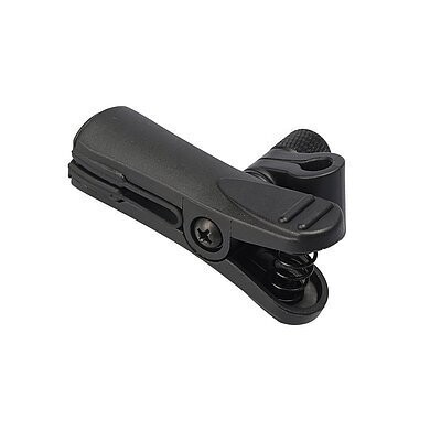 Sennheiser Black molded sprung mic clip for brass instrument bell and circular holder for a microphone on a white background