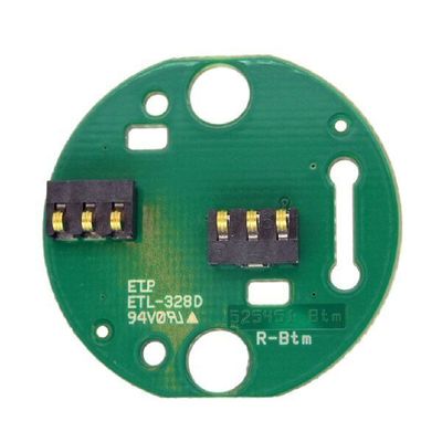 Sennheiser round green PCB with two black contact strips of three sprung pins and some text for a wireless Handheld mic  